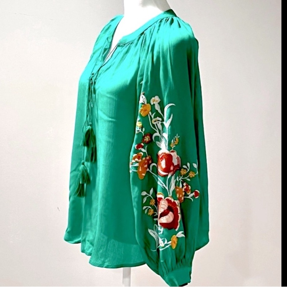 Tracy Evans Green Floral Boho Blouse Peasant Balloon Sleeve Top NWT M